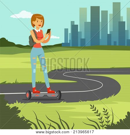 Girl with phone riding on gyroscope on city street, fashionable woman on self balancing modern electric scooter vector illustration, web banner