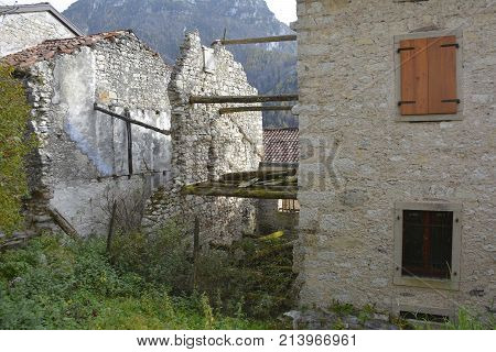 A derelict building in hill village of Erto in Friuli Venezia Giulia north east Italy. The village is famous locally for having being evacuated following the 1963 Vajont Dam disaster.