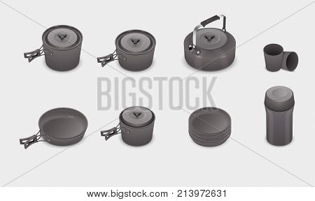 Vector realistic kitchen cookware set with saucepan pots pan kettle thermos cups. Cooking utensils isolated icons.