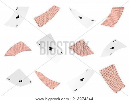 3d rendering of many aces of clubs flying in the air both in front and back views on a white background. Winning and losing. Card suits and ranks. Death card.