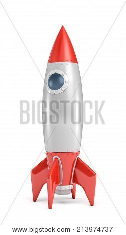 3d rendering of a single silver and red rocket ship with a round porthole isolated on a white background. Space exploration. Space ships. Fly to moon.