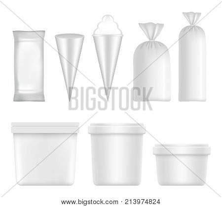 Vector white blank ice cream packaging and container set. Plastic pack templates isolated on white background.