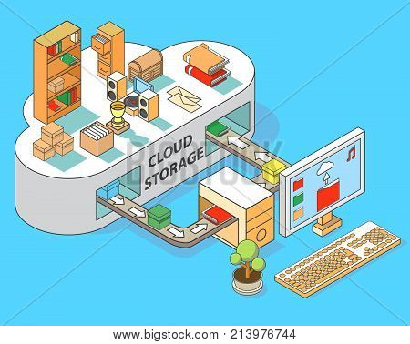 Cloud storage vector flat 3d isometric concept illustration.