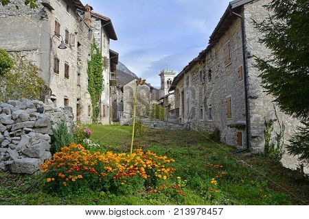 The hill village of Erto in Friuli Venezia Giulia north east Italy. The village is famous locally for having being evacuated when it was heavily damaged as a result of the 1963 Vajont Dam disaster.