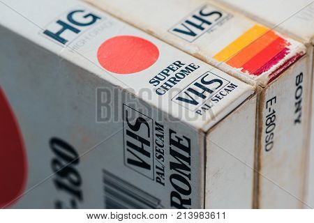 NOVI SAD SERBIA - NOVEMBER 6 2017: VHS video cassettes. Video Home System consumer-level analog video recording on tapes was released in Japan in late 1970s. Retro video technology illustrative editorial.