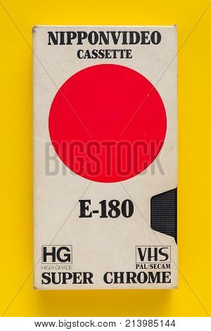 NOVI SAD SERBIA - NOVEMBER 6 2017: Nippon video VHS video cassette. Video Home System recording tape cassettes was released in Japan in late 1970s. Retro video technology illustrative editorial.