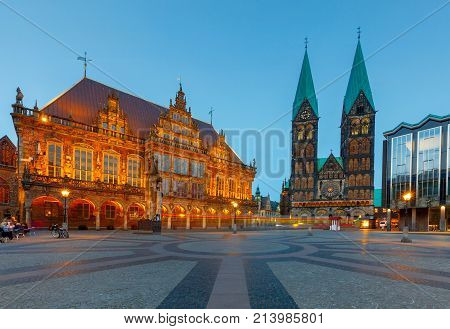 Old medieval market square in the historic part of the city. Bremen. Town Hall. Germany. Bavaria.