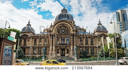 Bucharest, Romania - September 9, 2017: Panoramic view of the The CEC Palace, The Palace of the Savings Bank in the historical center Lipscani Street, Bucharest, Romania.