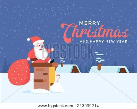 Cute happy smiling cartoon santa sitting on chimney stack or smoke funnel on rural winter landscape background. Christmas holiday village decoration for poster or postacrd. Merry Xmas greeting illustration.