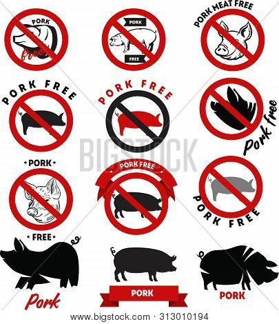 Collection Of Vector Red And Black Signs, Icons And Badge Designs Relating To Pork With No Pork, Por