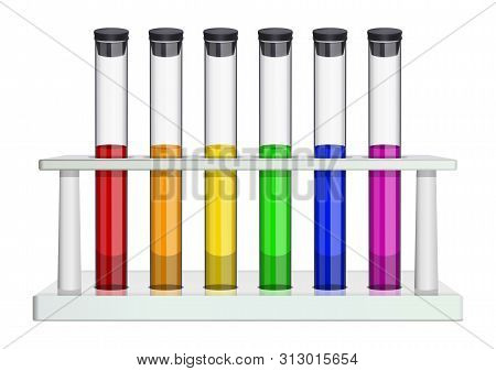 Glass Laboratory Test Tubes With Cork And Multi-colored Liquids. Test Tubes In A Laboratory Rack. Sp