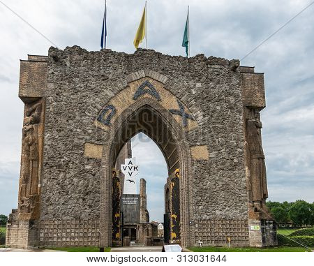 Diksmuide, Flanders, Belgium -  June 19, 2019: Black On White Crypt Memorial, Remnants Of Dynamited 
