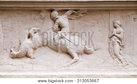 FLORENCE, ITALY - JANUARY 09, 2019: Saint George freeing the Princess, marble, Donato di NiccolÃ² di Betto Bardi known as Donatello, Orsanmichele Church in Florence, Tuscany, Italy