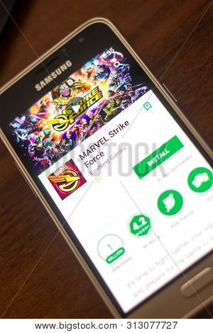 Ryazan, Russia - May 04, 2018: Marvel Strike Force Mobile App On The Display Of Cell Phone