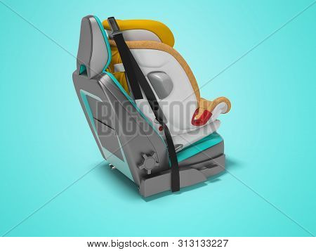 Orange Baby Car Seat With Five Point Safety Straps With Isofix 3d Render On Blue Background With Sha