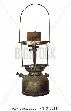 Vintage Hurricane Lamp. Paraffin, Kerosene Lantern Isolated On White Background