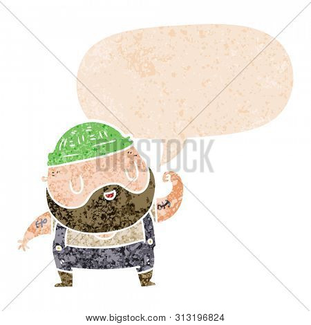 cartoon dock worker with speech bubble in grunge distressed retro textured style