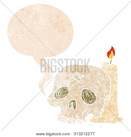 cartoon spooky skull and candle with speech bubble in grunge distressed retro textured style