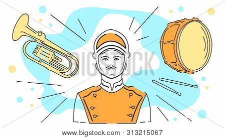 Vector Illustration Of A Military Music Band, Musician In Uniform, Drum And Trumpet, Percussion And 