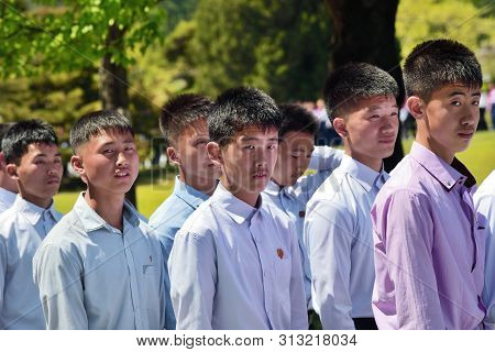 Pyongyang, North Korea - May 1, 2019: Young Boys, Members Of The Kimilsungist-kimjongilist Youth Lea