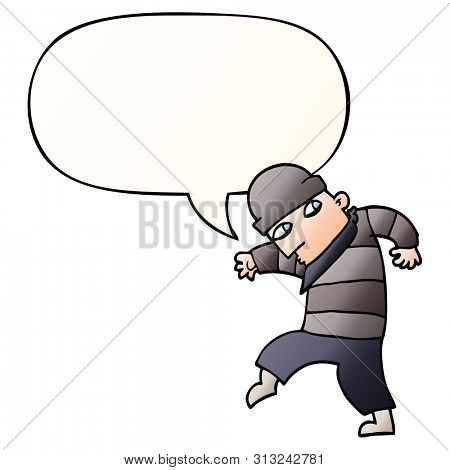 cartoon sneaking thief with speech bubble in smooth gradient style