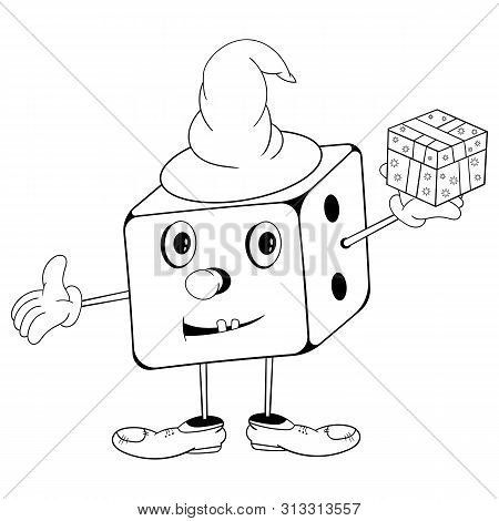 Funny Cartoon Dice In Wizard Hat With Eyes, Hands And Feet Holding A Gift Box In His Hand And Smilin