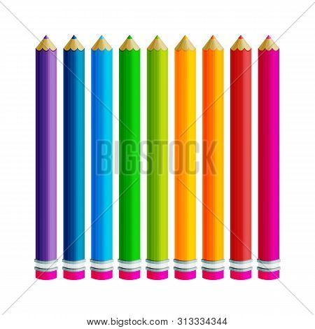 9  Color Pencils. Cector Collection Isolated Illustration On White Background.  Office Supplies.