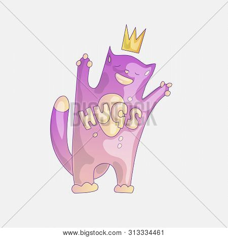 Cute Magic Princess Pink Cat In Crown With Word Hugs On Top. Positive Vibes Cat, Little Girl Sticker