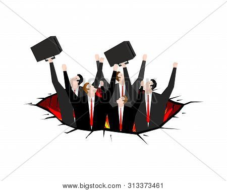 Businessman In Pit To Hell. Fire Rift. Hole In Purgatory
