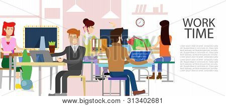 Office Business Working People Vector Illustration. E-commerce, Worktime Management, Start Up And Di