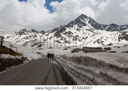 View From The Gavia Pass, An Alpine Pass Of The Southern Rhaetian Alps, Marking The Administrative B