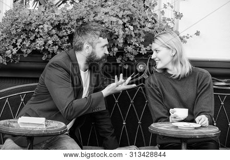 Couple Terrace Drinking Coffee. Casual Meet Acquaintance Public Place. Romantic Couple. Normal Way T