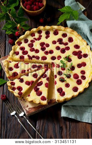 Berry Pie Summer. Sweet Pie, Tart With Fresh Berry Raspberries. Delicious Cake With Raspberries.