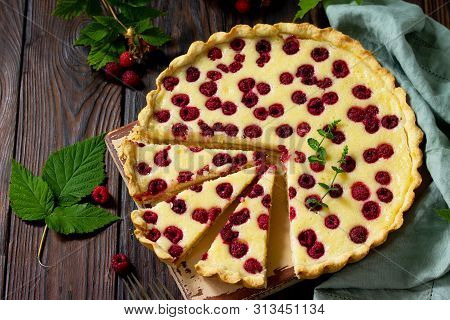 Berry Pie Summer. Sweet Pie, Tart With Fresh Berry Raspberries. Delicious Cake With Raspberries.