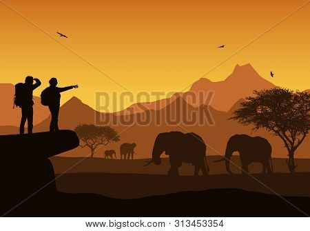 Realistic Illustration Of African Safari With Mountain Landscape, Trees And Elephant. Two Tourist Wi