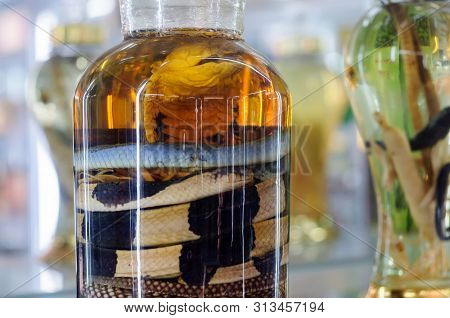Glass Bottle With Tincture Of Serpents, The Traditional Alcoholic Drink Of Vietnam.