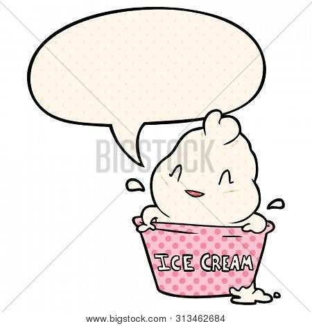 cute cartoon ice cream with speech bubble in comic book style