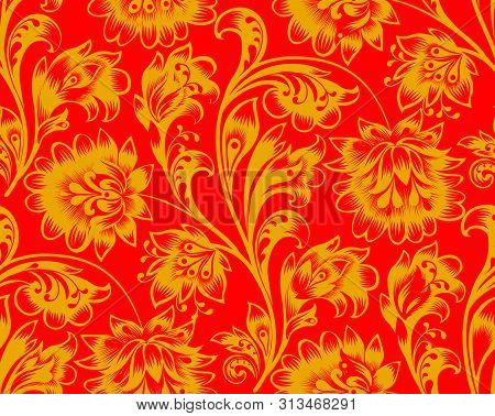 Floral Seamless Pattern. Flower Ornament. Ornamental Flourish Background In Traditional Folk Russian