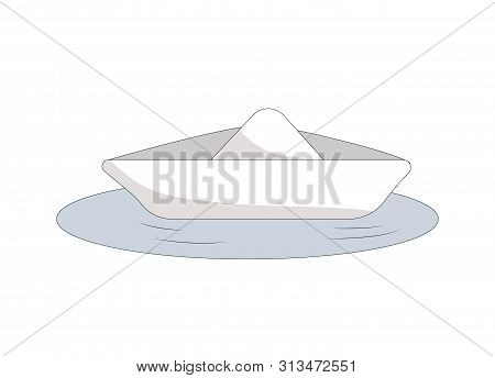 Paper Boat In A Puddle Isolated On A White Background. Ship In The Water. Flat Illustration. Vector