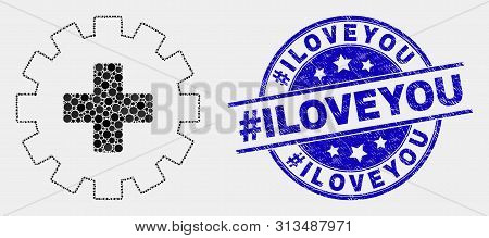 Pixelated Plus Gear Mosaic Icon And Hashtag Iloveyou Seal Stamp. Blue Vector Rounded Distress Seal W