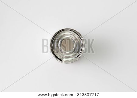 Opened Tin Can On The Table Without Leftovers From The Food, Meal Concervations