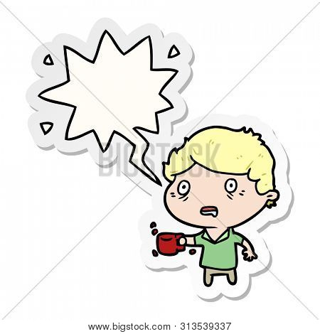 cartoon man jittery from drinking too much coffee with speech bubble sticker