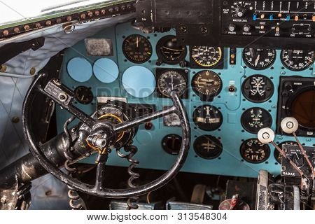 Istanbul, Turkey, 23 March 2019: Cockpit of Douglas DC-3 at Rahmi M. Koc Museum on February 11, 2012 Istanbul, Turkey. Over 16,000 Douglas DC-3 was produced 1936 to 1950