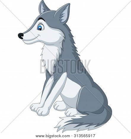 Vector Illustration Of Cartoon Wolf Sitting On White Background