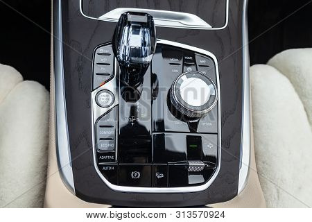 Novosibirsk, Russia - 07.20.2019: View To The White And Brown Interior Of Bmw X7 M Performance With 