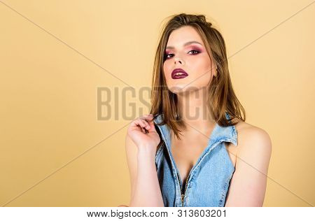 Makeup Cosmetics Concept. Feminine And Glamorous. Attractive Woman Makeup Face. Sensual Fashion Mode
