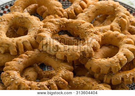 Traditional dish with festive Moroccan Kaak, anise cookies  
