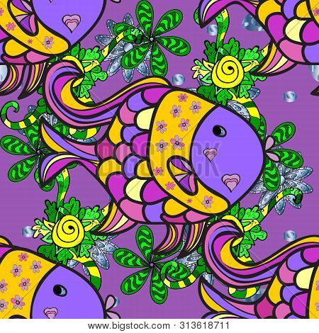 Seamless Pattern. Raster Illustration. Reaver Fish On Colored Background. Fishes On Yellow, Violet A