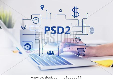 Hand Of Woman Using Laptop In Blurred Office Or At Home With Double Exposure Of Online Shopping Inte