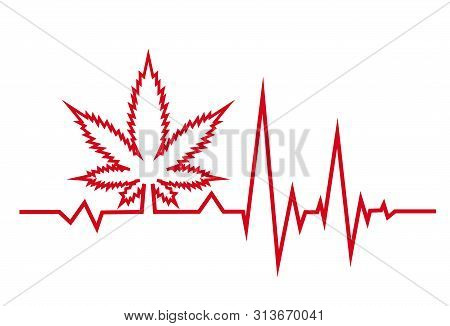 Red Heartbeat With Medical Marjuana. White Background.